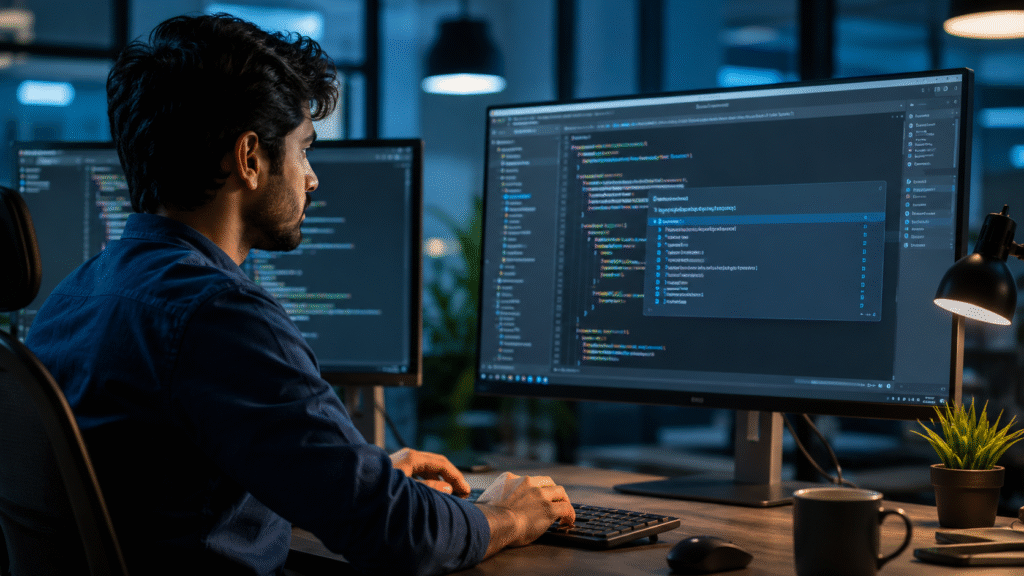 "Modern developer workspace featuring AI-powered coding assistance and code autocomplete suggestions."