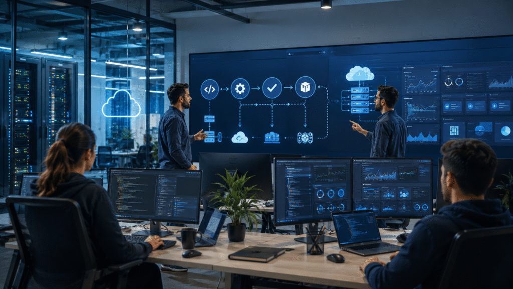 "Software engineers managing continuous integration and continuous deployment workflows in a modern cloud environment."
