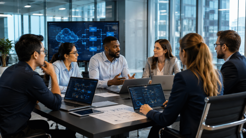 Modern software development team collaborating on business technology innovation and digital solutions.