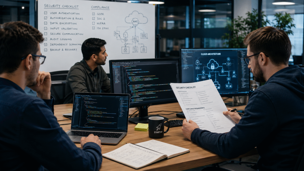 A team of software engineers collaborates in a modern office, reviewing security checklists and compliance documents while working on code displayed across multiple screens. Monitors show cloud architecture diagrams and cybersecurity workflows, highlighting a startup team's focus on secure software development and regulatory compliance in a professional technology workspace.