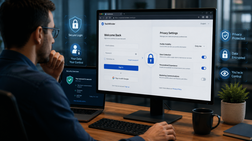 A user reviews a website login page and privacy settings on a desktop monitor in a modern office workspace. Secure lock icons and digital trust symbols surround the screen, illustrating cybersecurity, data protection, and user control over personal information within a web application interface.
