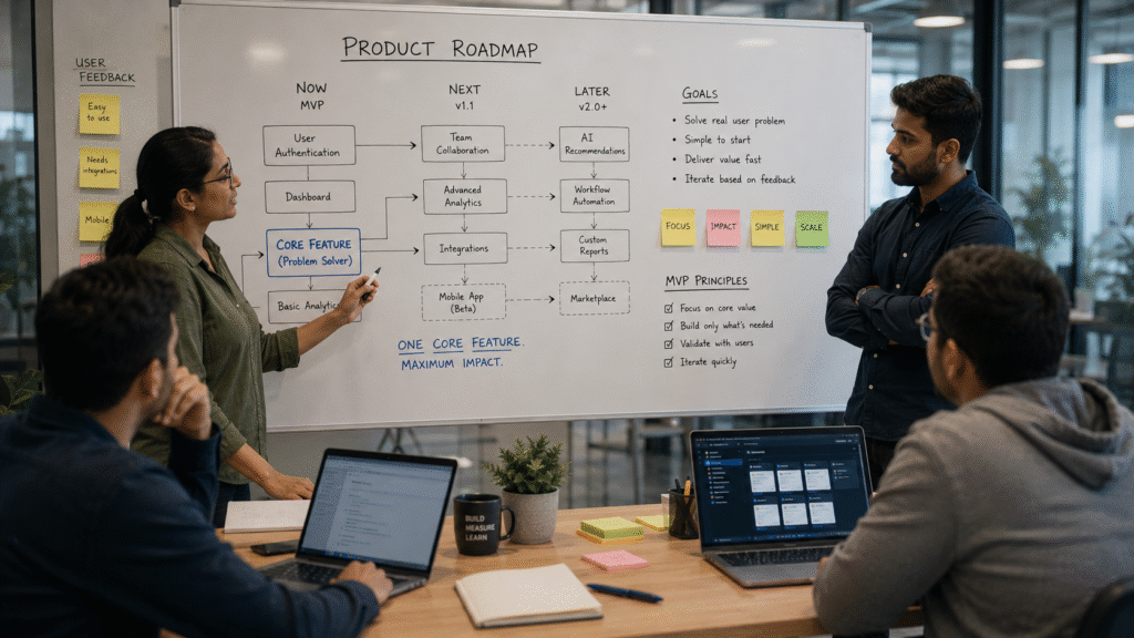 A startup team gathers in a modern office to discuss MVP planning around a whiteboard displaying a product roadmap. One core feature is highlighted as the primary focus, while team members collaborate using laptops, sticky notes, and agile planning techniques in a clean, professional workspace.