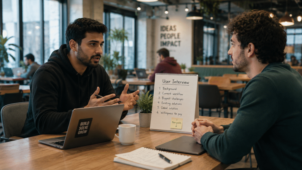 A startup founder conducts a customer interview in a modern coworking space, discussing product ideas with a potential user across a table. Laptops, notebooks, and interview notes are visible, highlighting a user research session focused on gathering customer feedback and validating startup assumptions in a professional, collaborative environment.