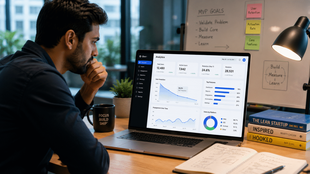 A software founder reviews an analytics dashboard on a laptop in a modern office workspace. The screen displays user retention, engagement metrics, product usage statistics, and performance graphs, while notes and MVP planning materials nearby highlight a data-driven approach to evaluating product performance and improving user growth.
