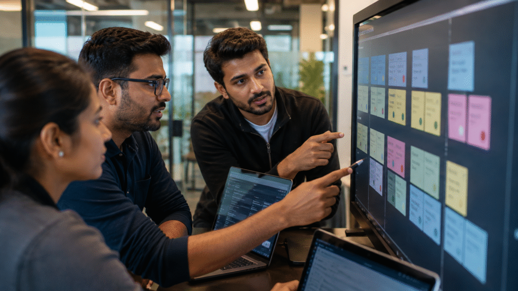 Software developers collaborate during an Agile planning session in a modern office, gathered around a digital task board to discuss sprint priorities. Team members review tasks while using laptops in a clean, collaborative workspace, highlighting teamwork, project planning, and agile software development practices.