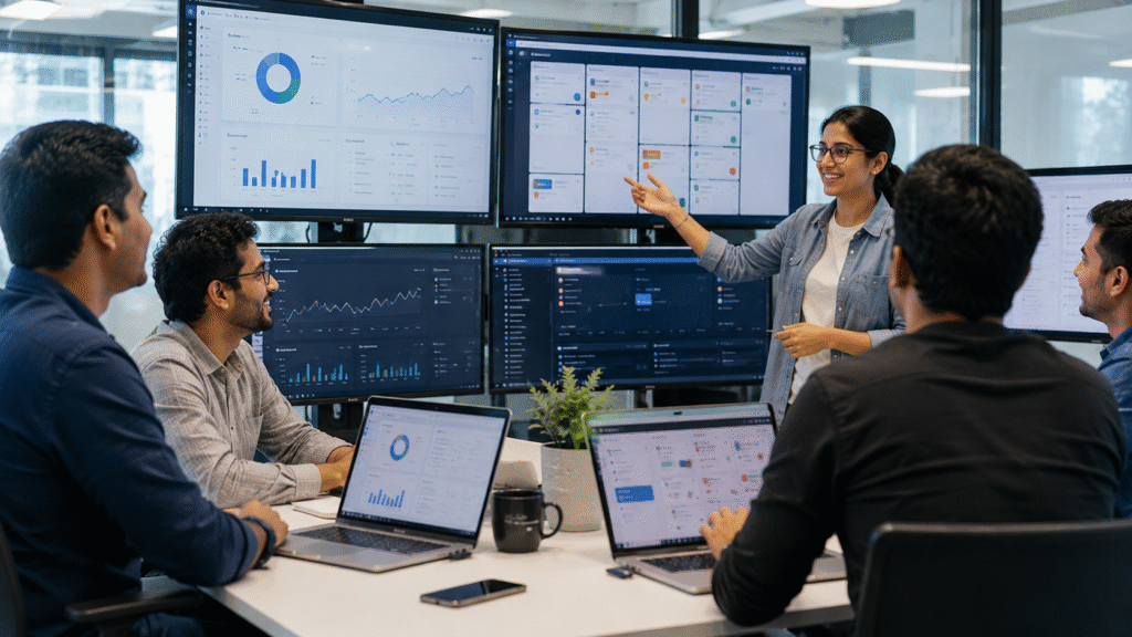 A Scrum team meets in a modern technology office to review completed sprint work, with multiple monitors displaying project dashboards and agile boards. A project manager presents progress and completed features while software engineers discuss results and collaborate around a conference table in a bright, professional workspace.