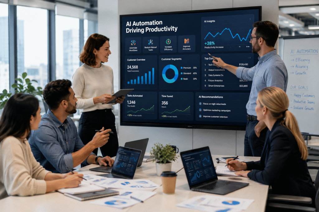 A diverse business team collaborates in a modern office while reviewing AI-powered productivity dashboards displayed on a large digital screen. Employees discuss customer analytics, automation metrics, and performance insights in a bright, professional workspace, illustrating how AI supports data-driven decision-making and business efficiency.