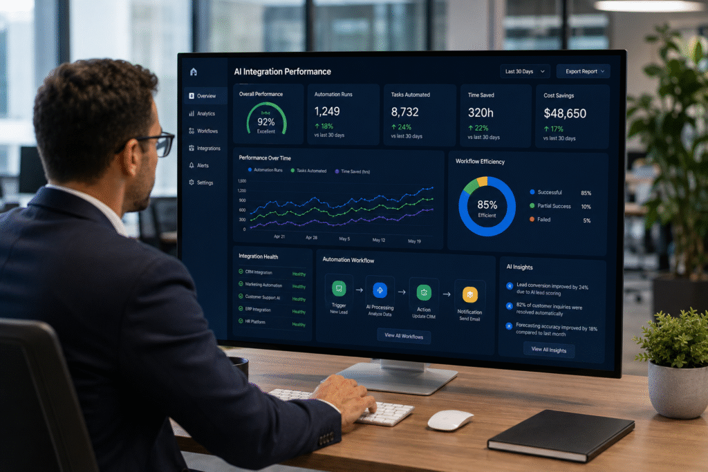 Business manager reviewing an AI integration performance dashboard on a large monitor in a modern office. The screen displays analytics charts, automation workflow diagrams, performance metrics, and cloud-based integration insights, illustrating how AI-driven automation and data analytics improve business operations and decision-making in a professional corporate environment.