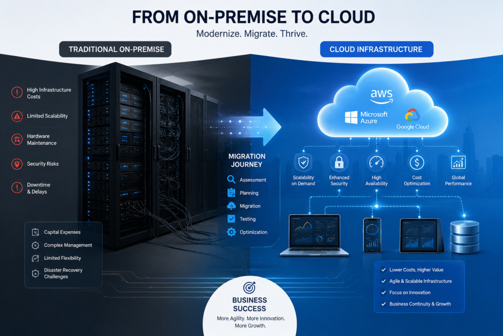 Corporate technology infographic illustrating a business migration from traditional on-premise infrastructure to cloud computing. On the left, physical server racks and network cables represent legacy systems, while on the right, cloud platforms connect laptops, mobile devices, databases, and business applications. A central migration pathway highlights the transition to scalable, secure cloud infrastructure, emphasizing modernization, improved performance, and digital transformation in a blue gradient technology-themed design.