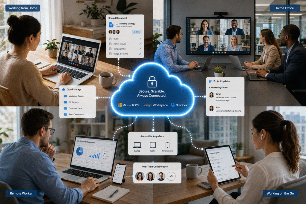 Employees work remotely from home, in a modern office, and on the go while collaborating through cloud-based applications. A central cloud graphic connects laptops, tablets, smartphones, video meetings, shared documents, and cloud storage, illustrating real-time collaboration and seamless communication across distributed teams. The scene features a bright, professional corporate environment with realistic business photography and modern digital collaboration tools.