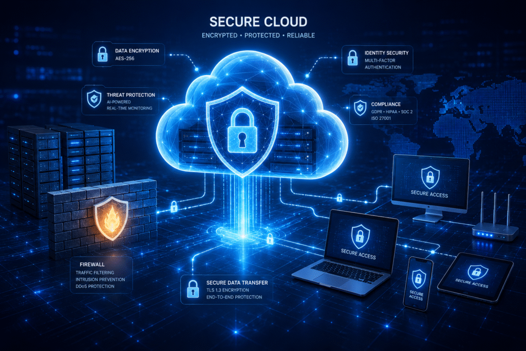 Realistic 3D cybersecurity illustration featuring a secure cloud protected by a glowing digital shield and padlock. Encryption symbols, firewall graphics, secure servers, and connected business devices—including laptops, smartphones, and tablets—illustrate encrypted data transfer and cloud security. The scene uses a modern blue technology background with network connections and digital security elements representing data protection, compliance, and secure cloud infrastructure.