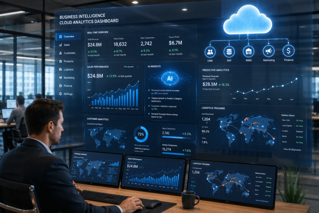 A business professional reviews a cloud-powered analytics dashboard in a modern office environment. Large digital displays show real-time business intelligence data, including sales charts, customer analytics, logistics tracking maps, predictive analytics graphs, and AI-generated insights. A cloud platform connects multiple business systems such as CRM, ERP, marketing, and finance, illustrating an advanced cloud computing and business intelligence ecosystem in a futuristic corporate setting.