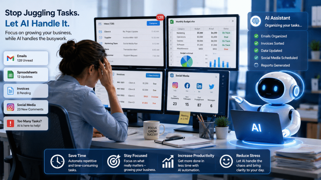 A small business owner sits at a desk in a modern office, looking overwhelmed while multiple computer screens display emails, spreadsheets, invoices, and social media dashboards. Beside them, a friendly AI assistant automatically organizes tasks on a laptop. The bright, professional workspace features a blue and white color scheme, illustrating business automation, productivity, and AI-powered workflow management.