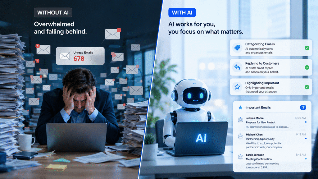Split-screen business illustration comparing email management with and without AI. On the left, an overwhelmed employee sits at a cluttered desk surrounded by stacks of paperwork and hundreds of unread emails, showing stress and information overload. On the right, a friendly AI assistant works in a clean, modern office, automatically categorizing emails, responding to customers, and highlighting only important messages. The scene uses a blue technology theme to emphasize productivity, automation, and streamlined business communication