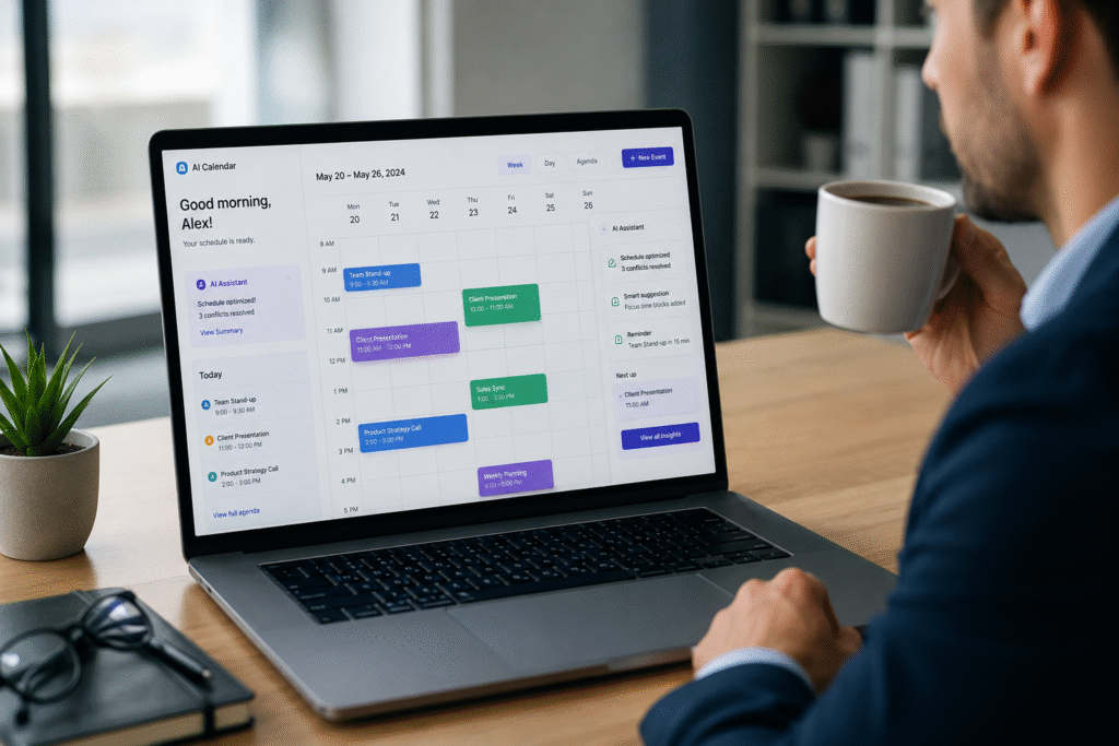 A business professional relaxes with a cup of coffee while viewing an AI-powered calendar on a laptop in a modern office. The smart scheduling interface automatically organizes meetings, resolves conflicts, and sends reminders, showcasing productivity automation in a clean, technology-focused workspace.
