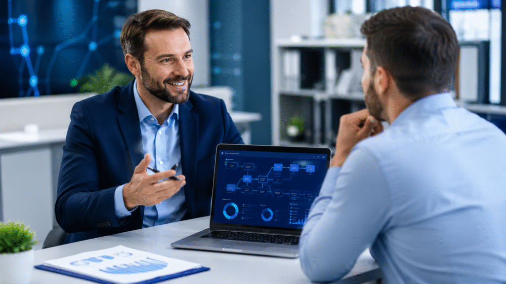 A friendly IT consultant discusses AI automation strategies with a small business owner in a modern office. The consultant gestures while explaining workflow solutions, as a laptop displays AI dashboards and process diagrams. The professional meeting takes place in a bright corporate setting with blue-toned branding, creating a trustworthy and collaborative atmosphere.