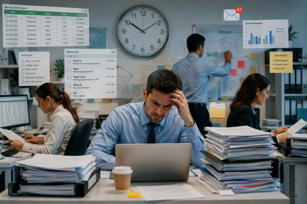 Overworked office employees manage spreadsheets, emails, and stacks of paperwork in a busy modern office. A stressed employee sits at a desk surrounded by documents while colleagues handle administrative tasks in the background. A large wall clock emphasizes the passing time, highlighting workplace productivity challenges and the burden of repetitive manual work.