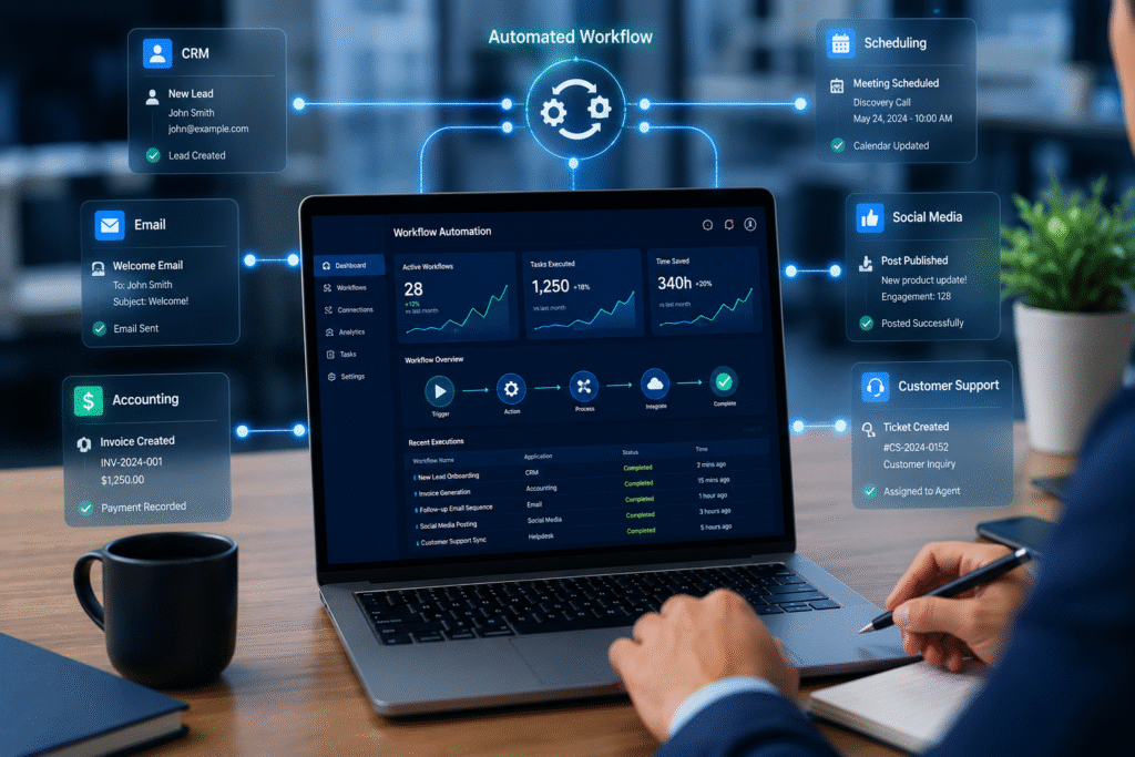 A business professional uses a workflow automation dashboard on a laptop, with connected CRM, email, accounting, scheduling, social media, and customer support systems displayed around the screen. Glowing data connections illustrate information flowing automatically between applications in a modern office setting, highlighting business process automation and system integration in a sleek blue corporate theme.