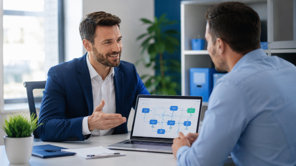 A friendly business consultant meets with a small business owner in a bright modern office, discussing ways to improve efficiency and streamline operations. The consultant gestures while explaining business process improvements, as a laptop displays simple workflow diagrams. The scene conveys trust, collaboration, and professional guidance in a welcoming corporate environment with a clean blue and white aesthetic.