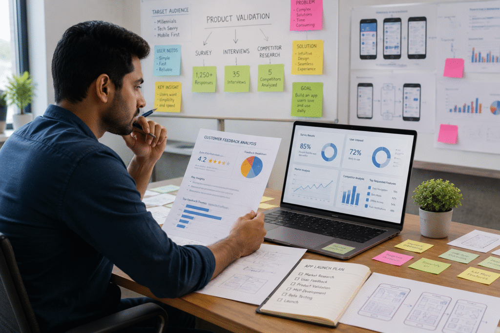 A business professional analyzes customer feedback, survey results, and market research data while planning a mobile app launch in a modern startup office. Seated at a desk with a laptop displaying analytics dashboards, the professional reviews reports surrounded by sticky notes, app wireframes, and product validation materials, illustrating strategic planning and startup validation before launching a new application.