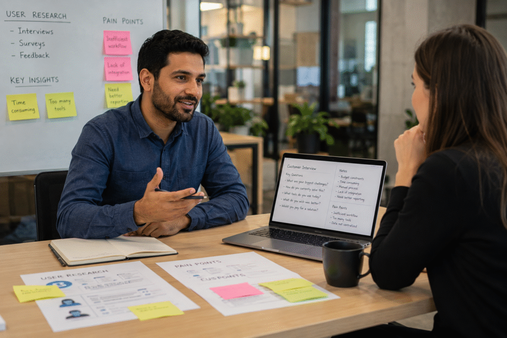 A startup founder conducts a customer interview with a potential user during a casual business meeting in a modern office. Seated across a table, they discuss business challenges and pain points while reviewing research notes, interview questions, and user feedback on a laptop. The collaborative conversation highlights user research, market validation, and customer discovery in a realistic startup environment.