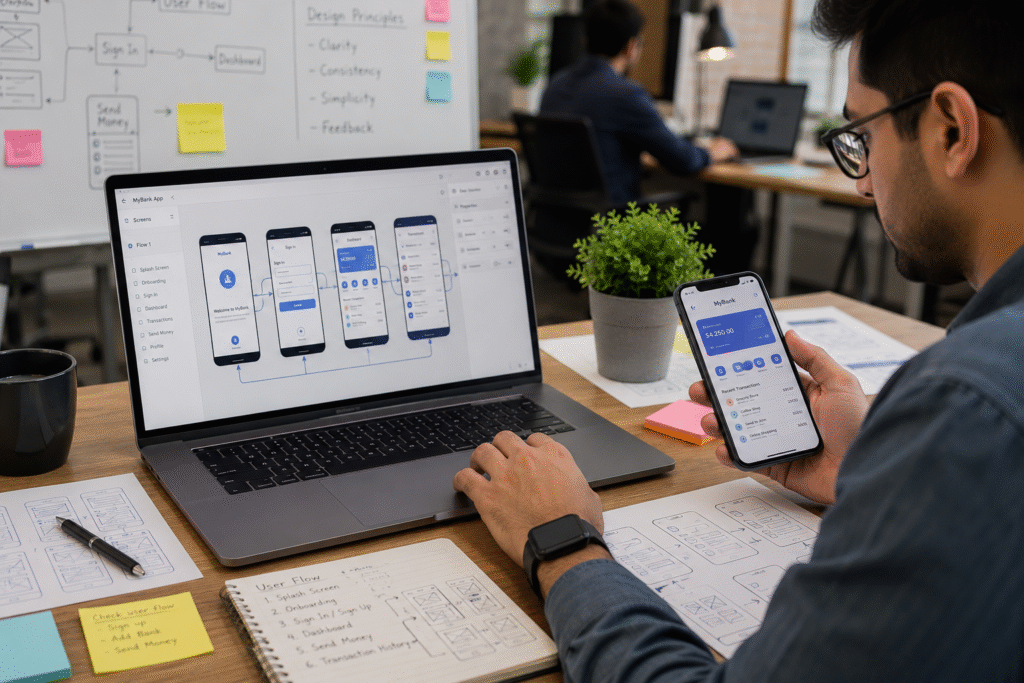 A UX designer tests mobile app concepts in a modern startup workspace, reviewing interactive prototype screens on a laptop while holding a smartphone displaying the app interface. Wireframes, user flow sketches, and design notes are spread across the desk, illustrating the mobile app design and prototyping process before development in a realistic, collaborative office environment.