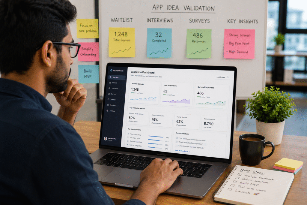 An entrepreneur reviews a startup validation dashboard on a laptop in a modern office, tracking waitlist signups, user interviews, survey responses, and key market validation metrics before launching a mobile app. Sticky notes with customer insights and strategic plans surround the workspace, illustrating data-driven decision-making and market interest analysis in a realistic startup environment.
