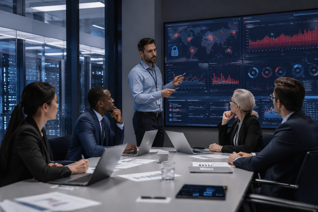 Cybersecurity experts and business executives meeting in a modern conference room to investigate a data breach, with multiple monitors displaying security logs, financial loss charts, digital forensics dashboards, compliance reports, and cyber incident alerts as they discuss recovery plans.