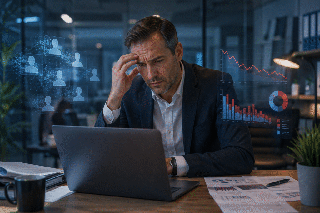 Concerned business owner reviewing declining customer analytics and complaints on a laptop in a modern office, with fading holographic customer icons and downward business charts symbolizing lost customer trust and the impact of a cyberattack.