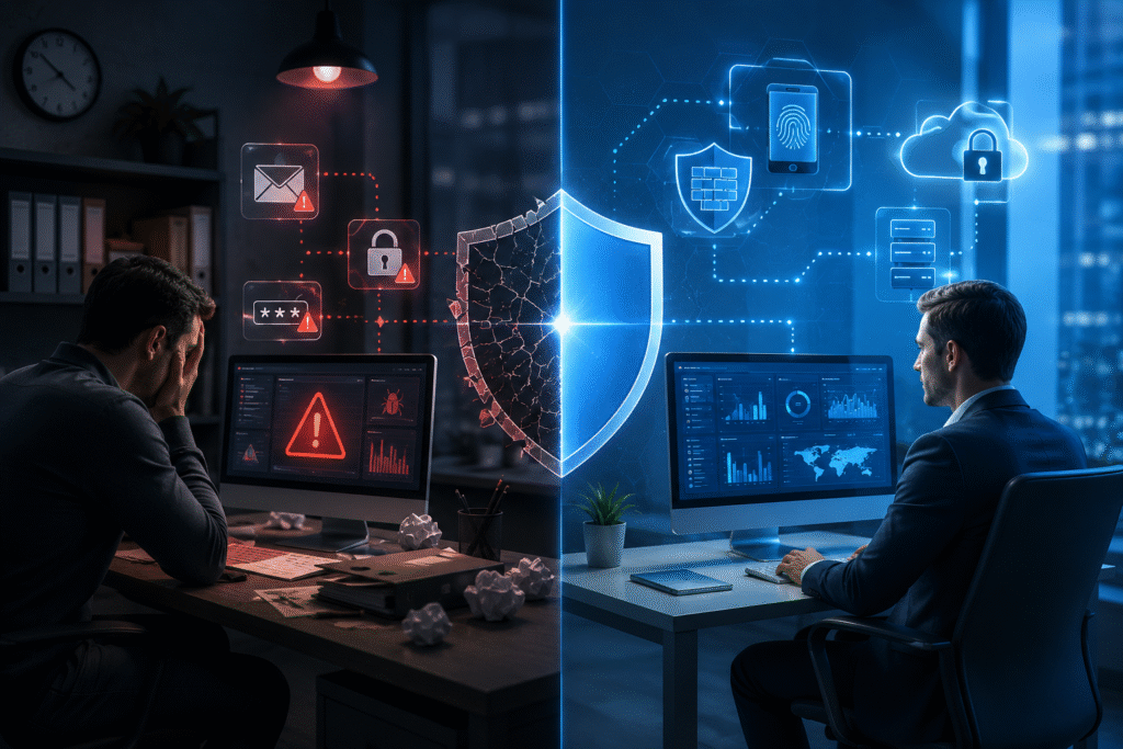 Split-screen illustration comparing a small business with weak cybersecurity—featuring outdated software, weak passwords, and security warning icons—to a modern business protected by firewalls, multi-factor authentication, encryption, and secure cloud systems, highlighting the importance of strong cyber defenses.