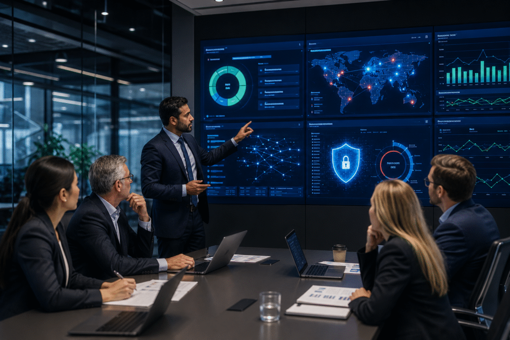 IT security consultant presenting a cybersecurity risk assessment dashboard to business owners in a modern conference room, with large digital screens displaying security scores, threat analysis, encrypted network visuals, and compliance metrics during a collaborative business meeting.