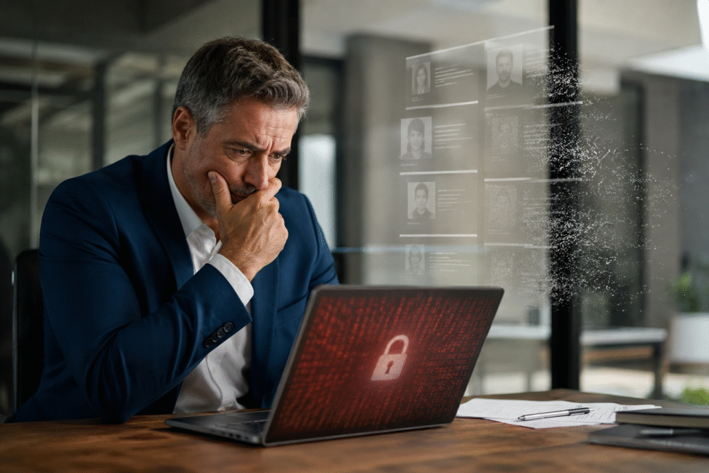 A worried business owner sits alone in a modern office, looking at a laptop displaying a cyberattack warning while transparent holographic customer records fade into the background, symbolizing business data loss. The realistic corporate setting and natural lighting emphasize the urgency and impact of a cybersecurity incident.