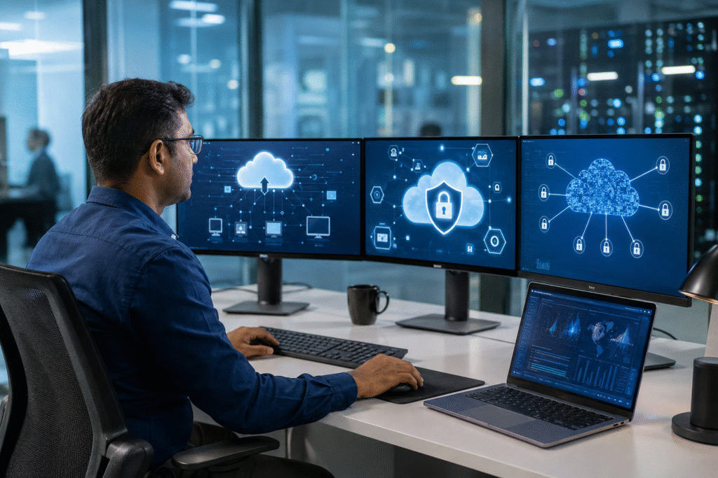 An IT professional monitors secure cloud backup systems across multiple screens displaying cloud storage, automated backup schedules, cybersecurity shield icons, and real-time data synchronization dashboards in a modern technology office. The realistic workspace features advanced computer equipment, a clean professional environment, and high-resolution digital interfaces with no visible text.