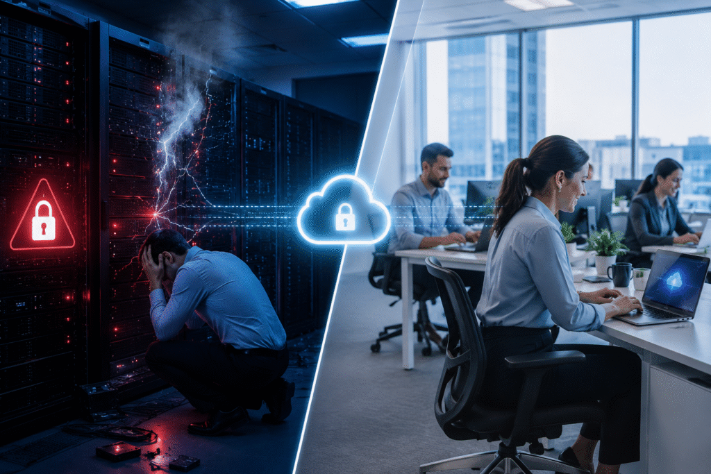 A split-screen office scene compares two business outcomes. On the left, a server room experiences a cyberattack and system failure, with damaged servers and a concerned IT professional. On the right, employees continue working efficiently in a modern office using secure cloud-based systems, illustrating uninterrupted business operations through cloud backup and cybersecurity. The image is realistic, high resolution, and contains no text.