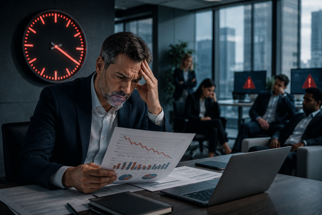A frustrated business manager reviews financial reports showing declining revenue while sitting at a desk in a modern office. In the background, employees wait idly as computer systems remain offline, highlighting operational disruption. Large digital clocks emphasize the high cost of downtime, with cinematic lighting creating a tense, realistic corporate atmosphere. No text is visible in the image.