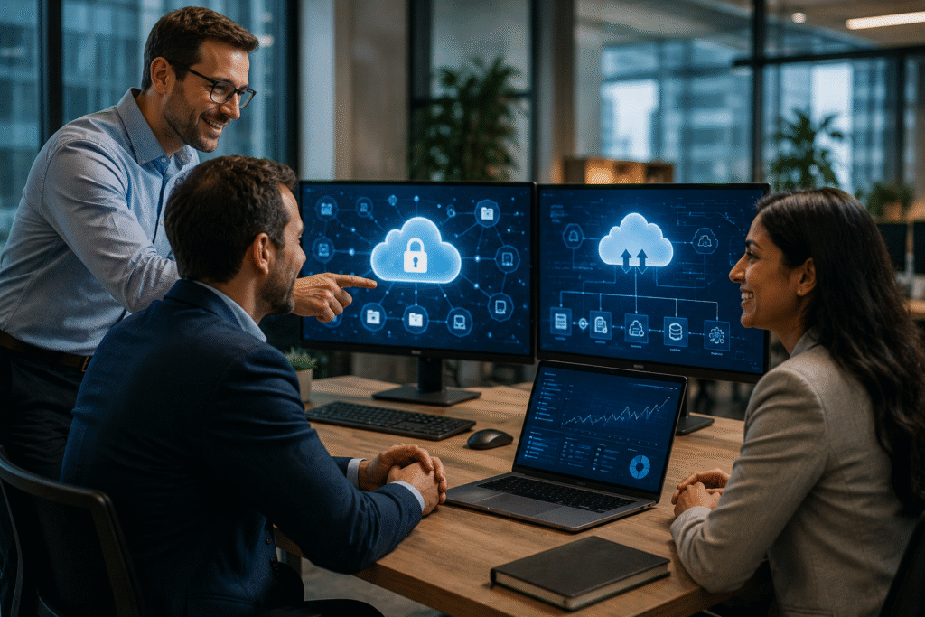 Friendly IT consultants meet with a business owner in a modern office to implement secure cloud backup solutions. Multiple monitors display cloud storage, cybersecurity, automated backup, and data synchronization dashboards as the team collaborates with smiles and active discussion. The realistic, high-resolution corporate scene highlights professional IT support and cloud technology with no visible text.