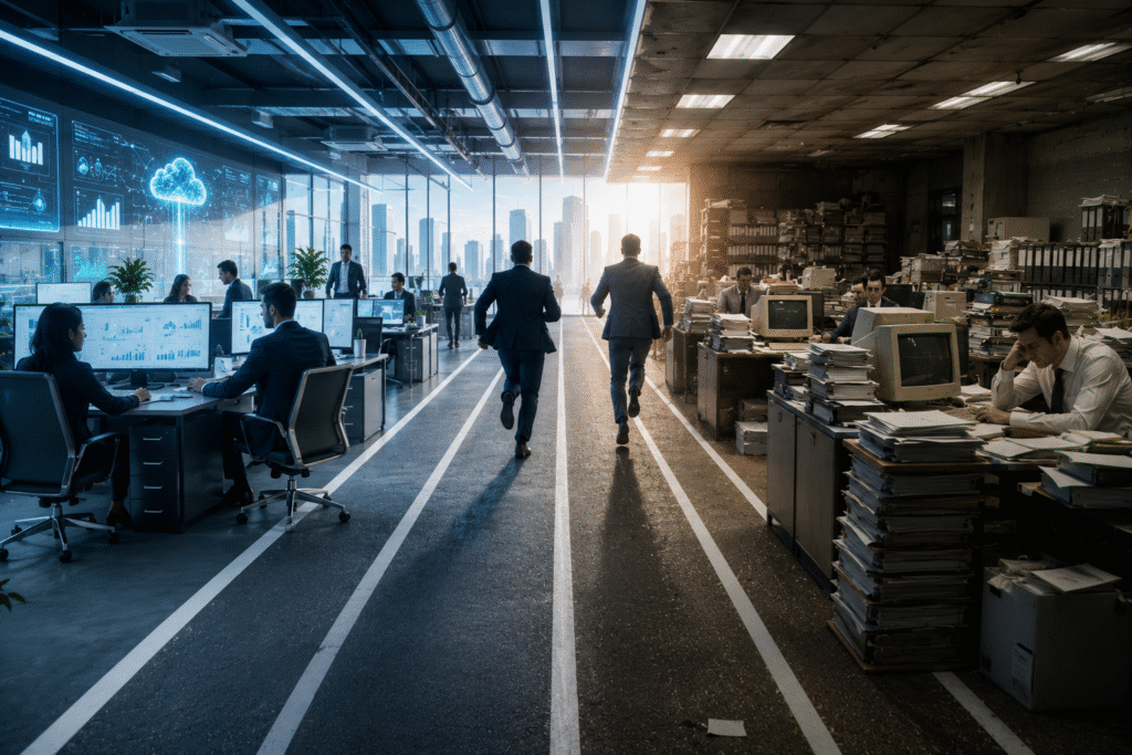 Two businesses race toward digital transformation, contrasting AI-powered innovation with outdated technology and manual processes.