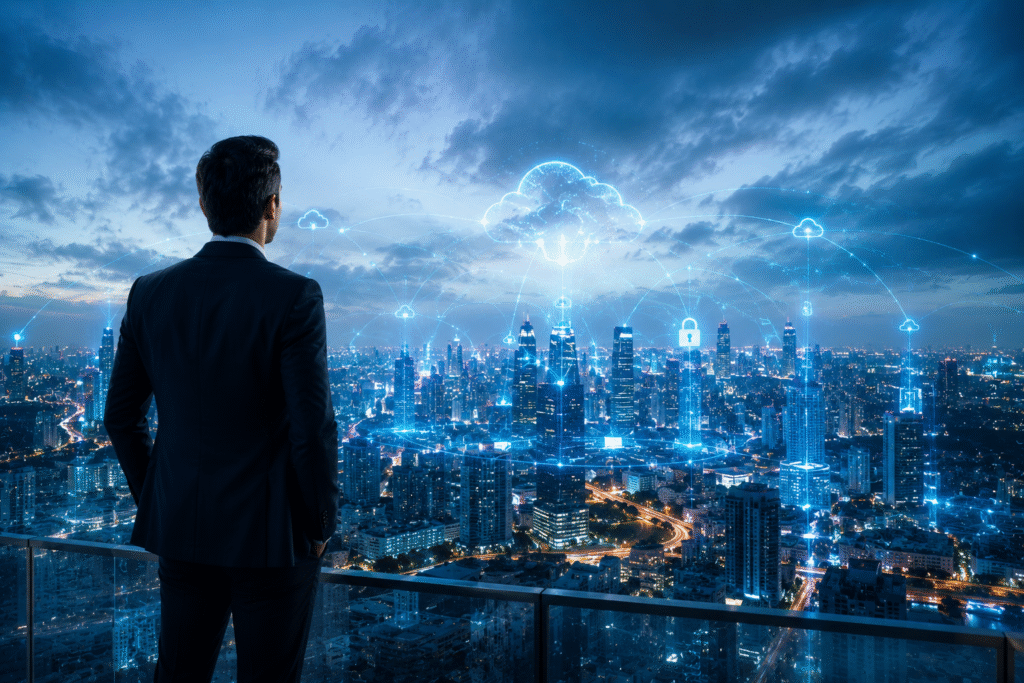 Business leader overlooking a smart city powered by AI, cloud computing, secure digital infrastructure, and connected enterprises, symbolizing digital transformation.