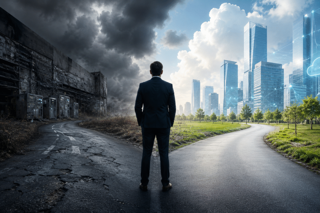 Business leader at a crossroads between a failing legacy system and a modern AI-powered cloud enterprise, symbolizing digital transformation.