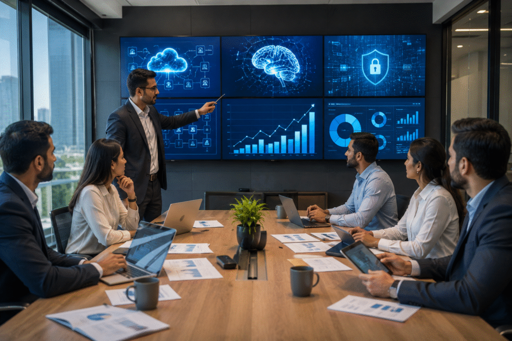 Business team planning a digital transformation strategy with AI, cloud, cybersecurity, automation, and business growth dashboards.