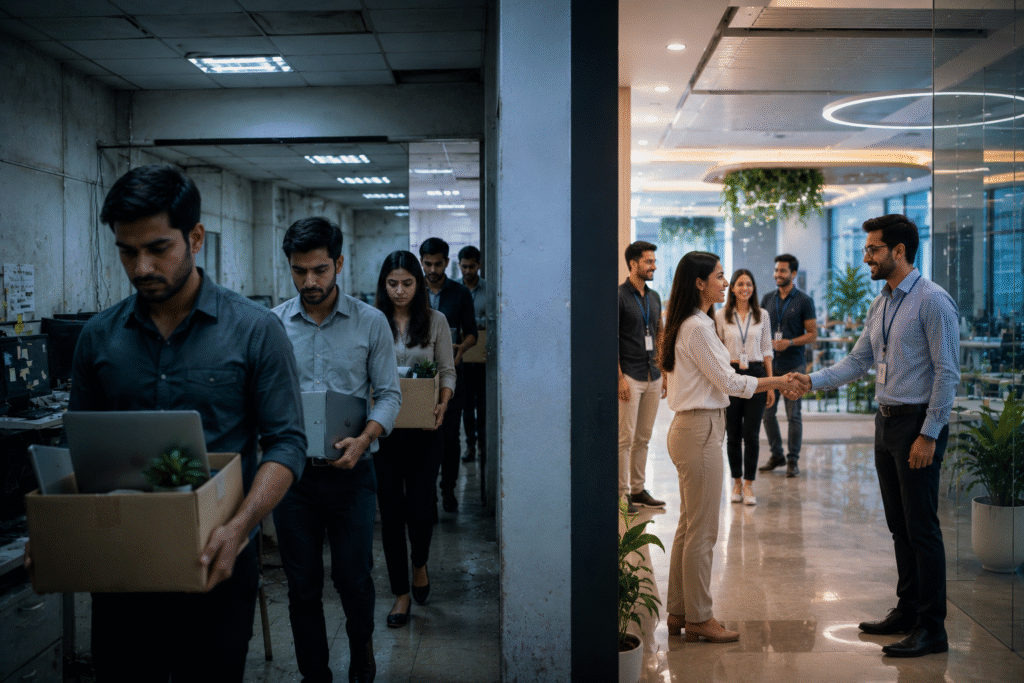 Technology professionals leaving an outdated office while a modern digital company welcomes new employees into an innovative workplace.