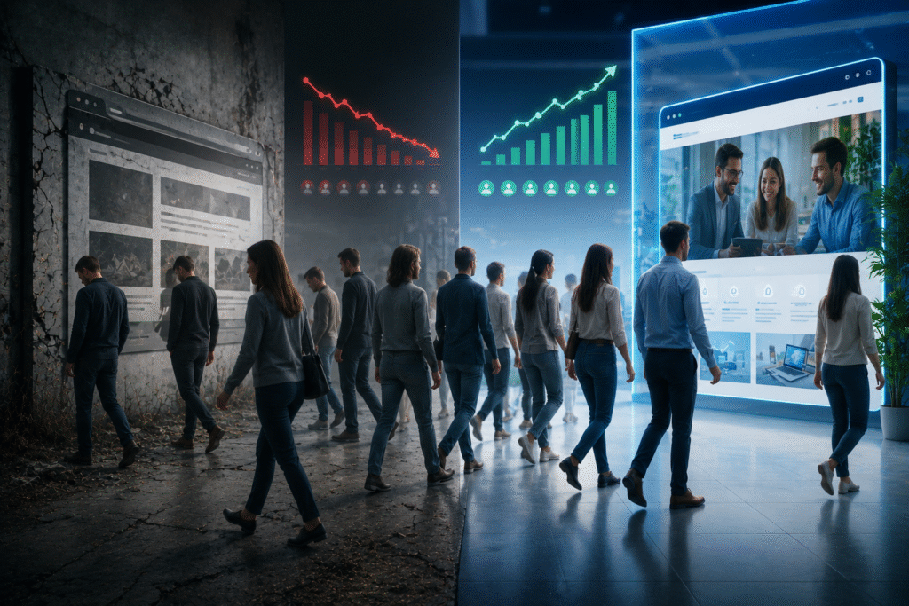 Customers leaving an outdated website for a modern competitor as sales decline and competitor growth increases.