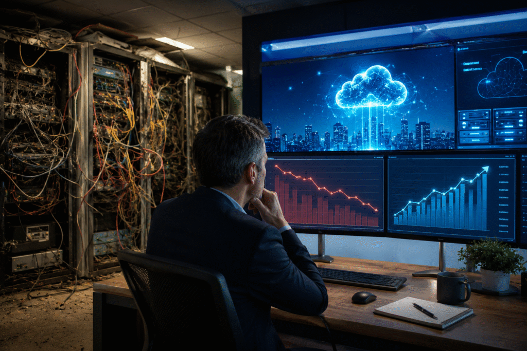 Outdated server room beside a modern cloud dashboard, highlighting rising IT costs and the shift to cloud technology.