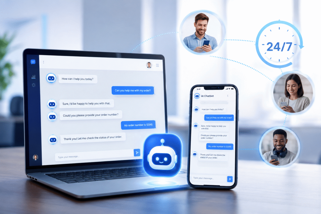 AI chatbots providing 24/7 customer support through a laptop and smartphone, with connected customers worldwide and a glowing AI assistant icon.