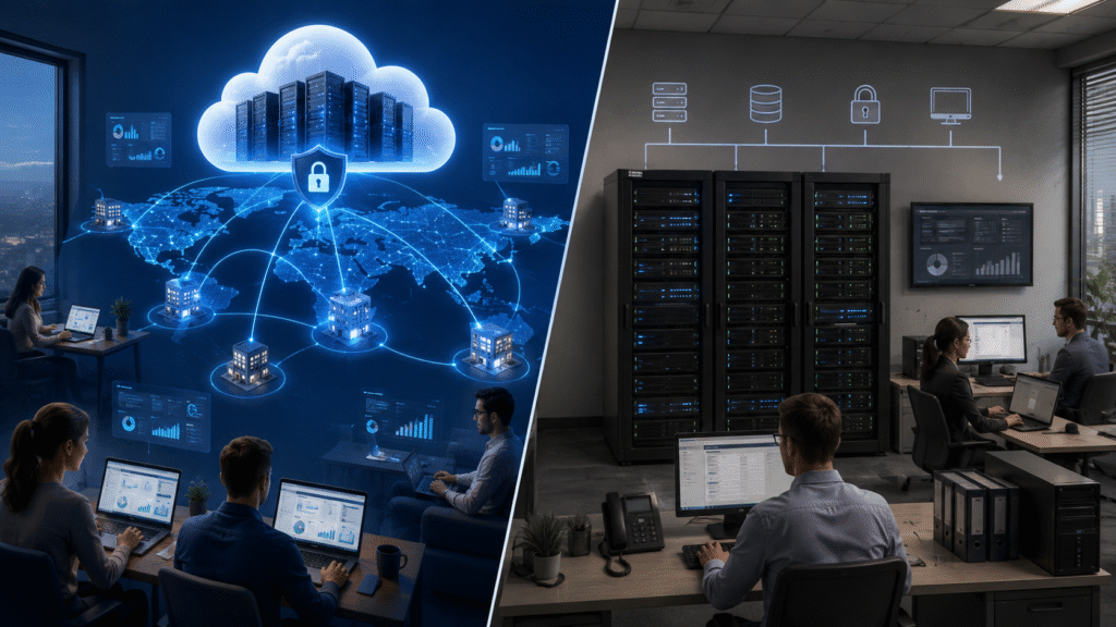 Split-screen illustration comparing Cloud ERP and On-Premise ERP, with cloud-based infrastructure, remote employees, and connected locations on the left, and physical servers, an internal data center, and office computers on the right.