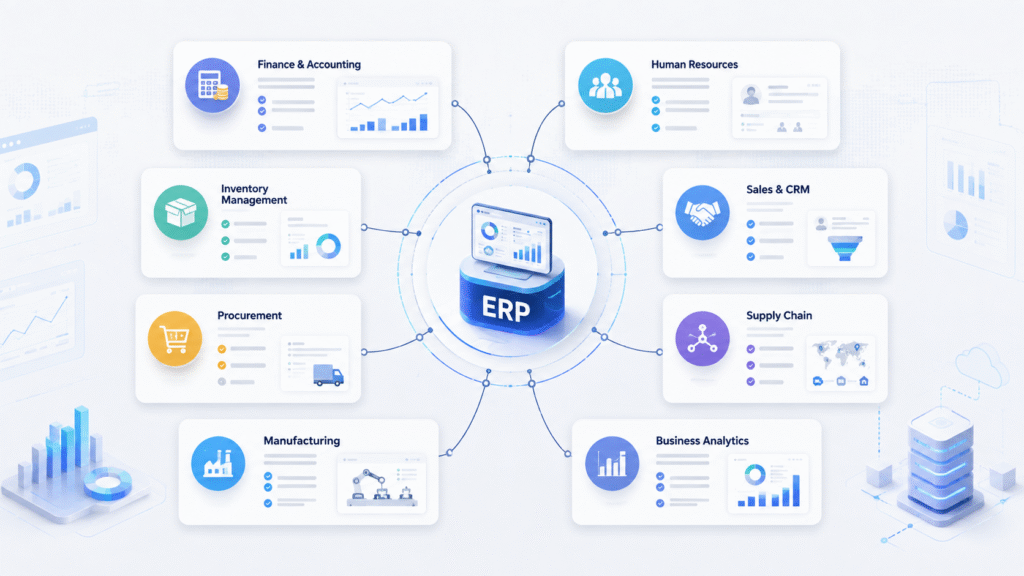 ERP software modules for finance, HR, inventory, sales, procurement, supply chain, manufacturing, and business analytics