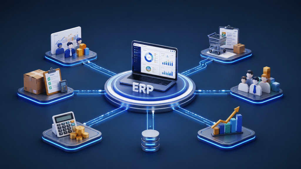 ERP system connecting sales, inventory, finance, procurement, human resources, and management analytics through one centralized platform