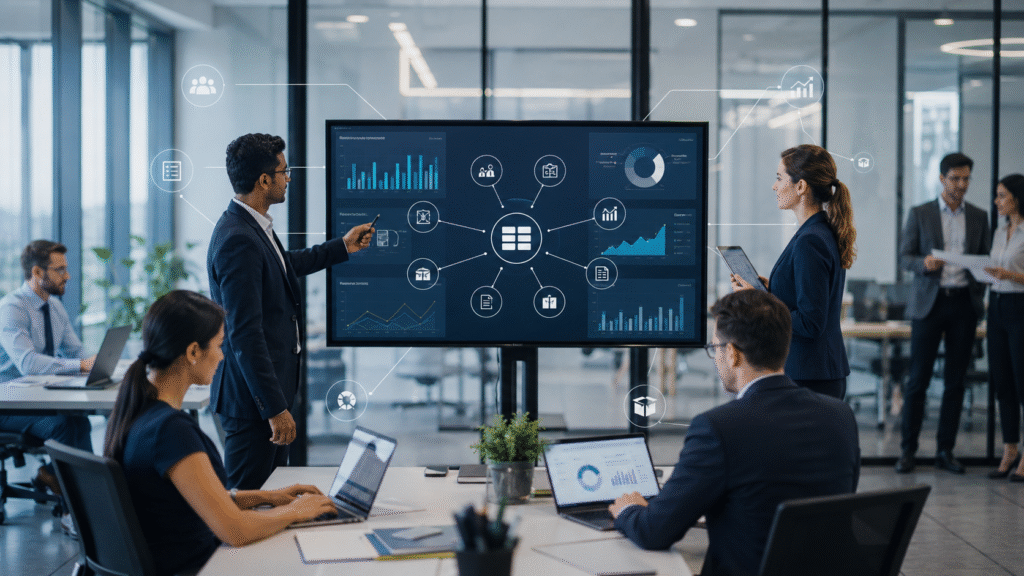 Modern business team using ERP software to manage finance, sales, inventory, HR, and business analytics