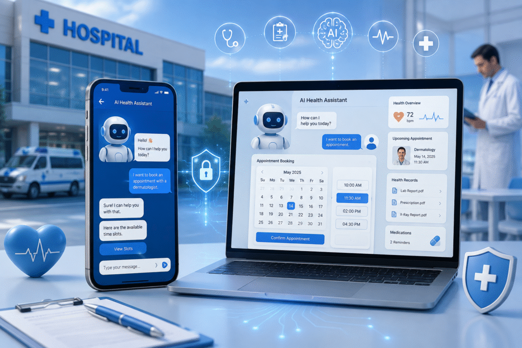 AI healthcare chatbot communicating with a patient through smartphone and laptop, with hospital, doctor, appointment calendar, and secure health data icons.