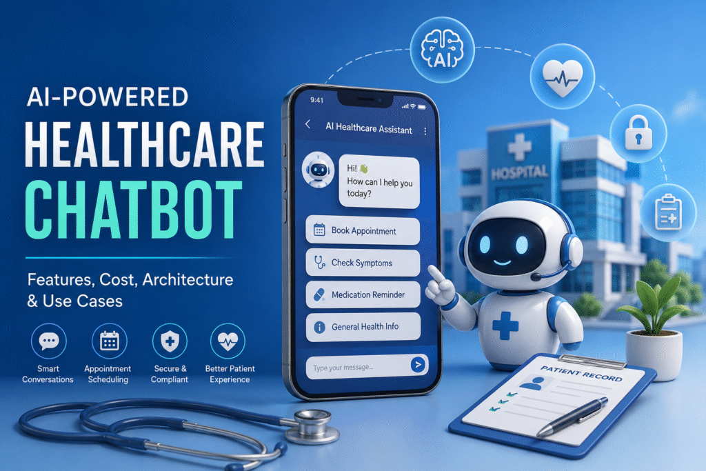 “AI healthcare chatbot connected to hospitals, telemedicine, pharmacy, health insurance, and patient support services.”